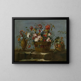The PseudoGuardi - Still Life Of A Basket Of Flowers On A Rock Ledge.webp