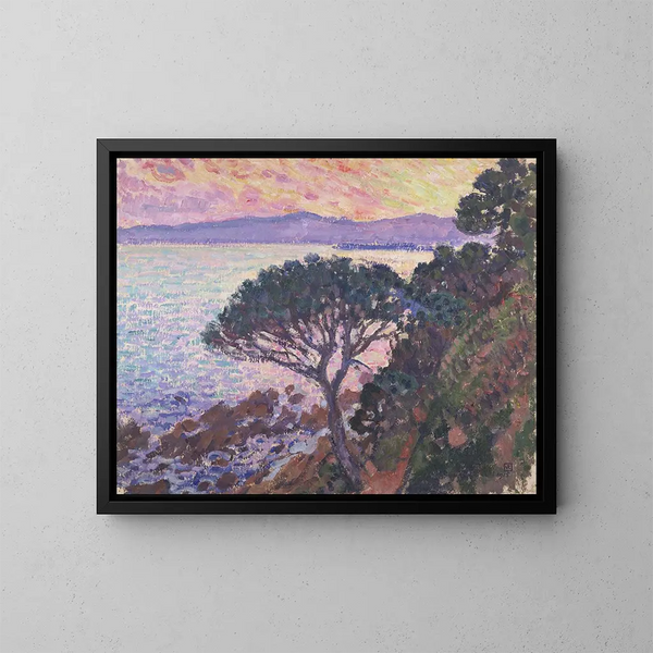 Pin di parasol vicino al mare Mediterraneo al tramonto - Theo van Rysselberghe — quadro incorniciato alla parete