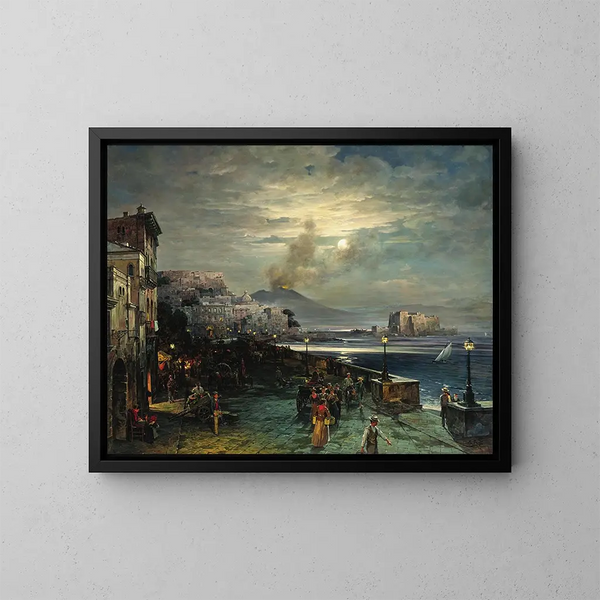 Napoli, un molo di notte con vista sul Vesuvio - Theodor Groll — quadro incorniciato alla parete