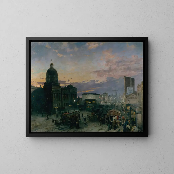 Rue Washington a Indianapolis al crepuscolo - Theodore Clement Steele — quadro incorniciato alla parete