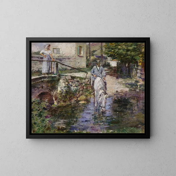 Pré Trognon e sua figlia sul ponte - Theodore Robinson — quadro incorniciato alla parete