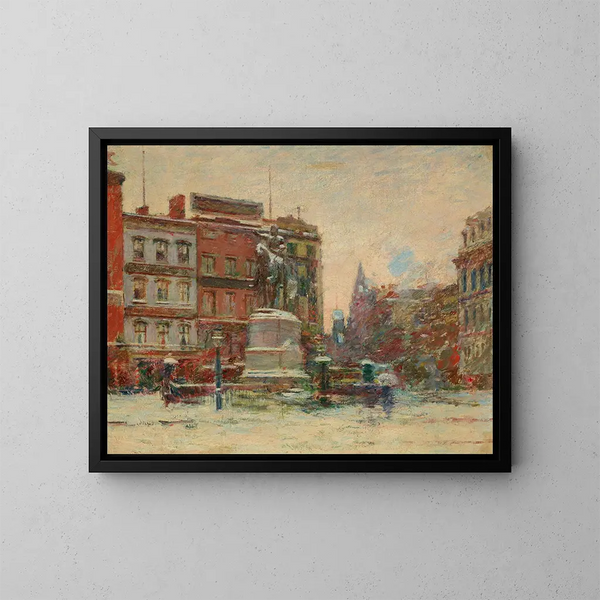 Monumento a Washington a Union Square in inverno - Theodore Robinson — quadro incorniciato alla parete