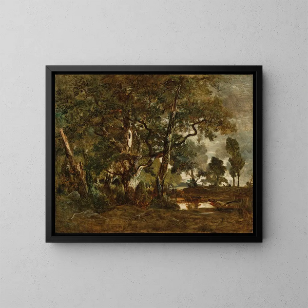 Foresta di Fontainebleau, gruppo di grandi alberi che sovrastano la pianura di Clairbois sul bordo di Ba - Théodore Rousseau — quadro incorniciato alla parete