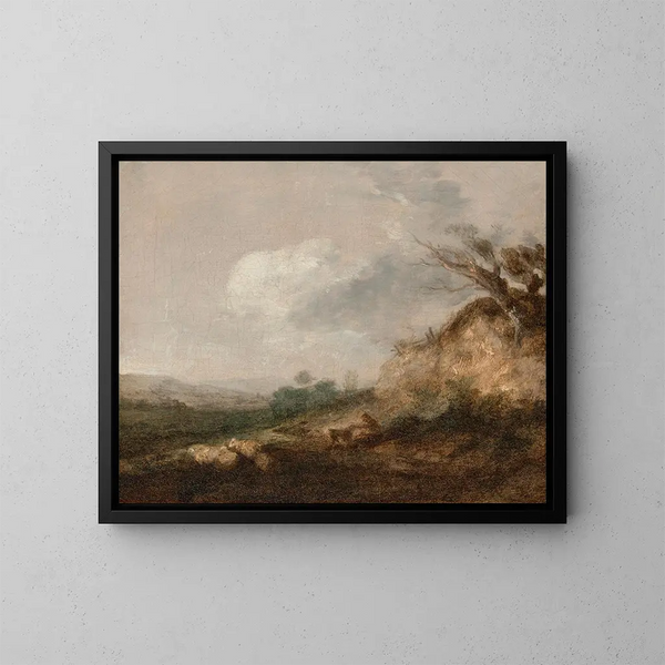 Un pastore e il suo cane in un paesaggio, il suo gregge che si riposa vicino a una duna in primo piano - Thomas Gainsborough — quadro incorniciato alla parete