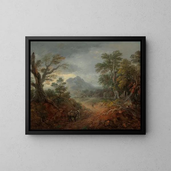 Un paesaggio boscoso con asini e personaggi su un sentiero - Thomas Gainsborough — quadro incorniciato alla parete