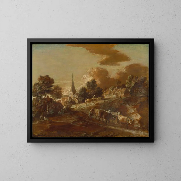Un villaggio boscoso immaginario con conduttori di bestiame e bestiame - Thomas Gainsborough — quadro incorniciato alla parete