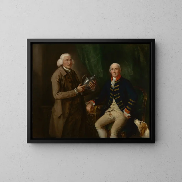 Ritratto di William Anne Hollis, 4o conte d'Essex, che presenta una coppa a Thomas Clutterbuck di Watford - Thomas Gainsborough — quadro incorniciato alla parete