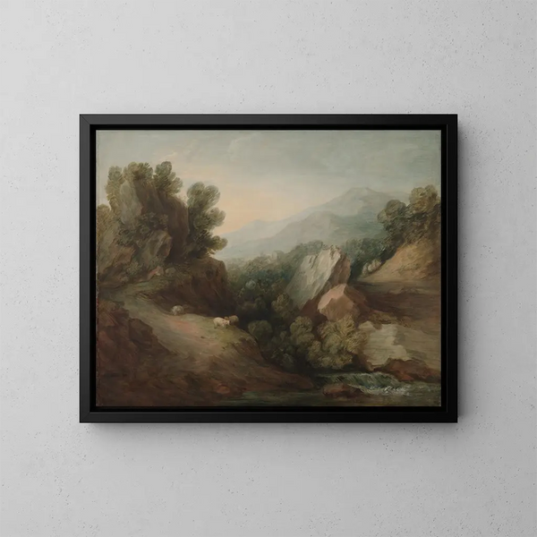 paesaggio boscoso roccioso con una valle e una cascata - Thomas Gainsborough — quadro incorniciato alla parete