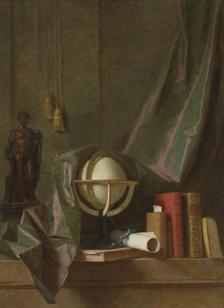 Thomas Germain Joseph Duvivier - A globe books and statuette on a ledge in an interior veiled by a curtain.webp
