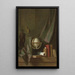 Un globo, dei libri e una statuetta su una mensola in un interno velato da una tenda - Thomas Germain Joseph Duvivier — quadro incorniciato alla parete
