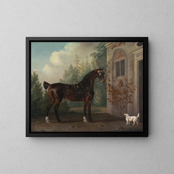 Il cavallo di carro nero di Lord Abergavenny con un terrier - Thomas Gooch — quadro incorniciato alla parete