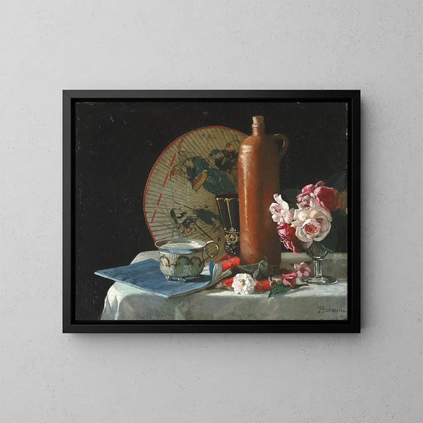 Nature morte con ventaglio e rose - Thomas Hovenden — quadro incorniciato alla parete
