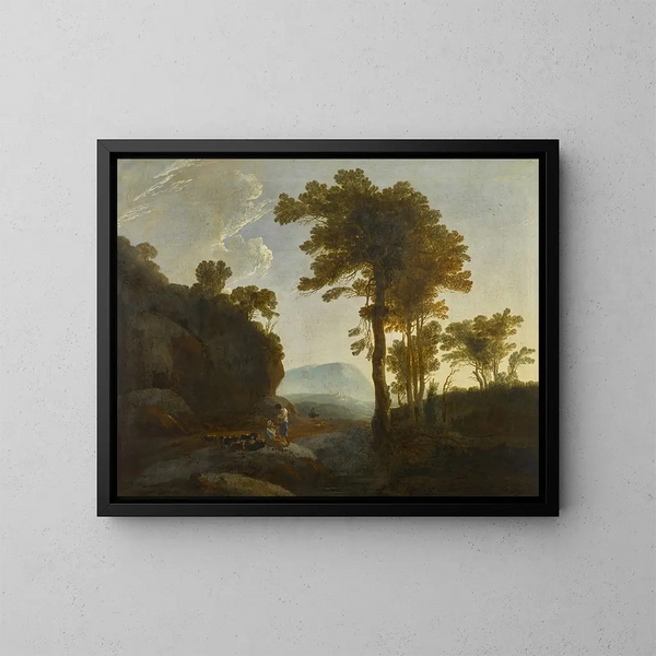 Paesaggio esteso con un pastore e una pastora e il loro gregge - Thomas Jones — quadro incorniciato alla parete