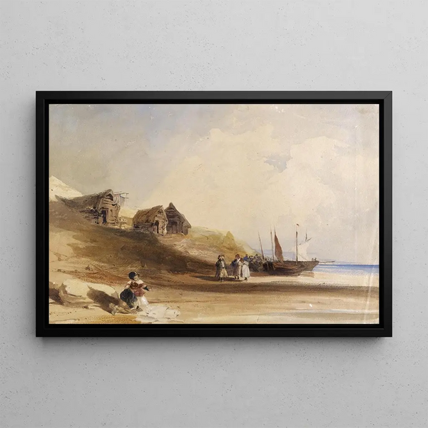 Scène côtière francese con personaggi, barche e capanne di pesca - Thomas Shotter Boys — quadro incorniciato alla parete