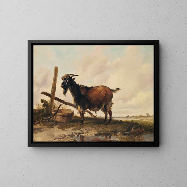 Una capra in un paesaggio con bestiame in lontananza - Thomas Sidney Cooper — quadro incorniciato alla parete