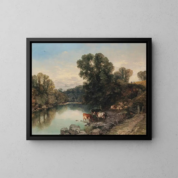 Bétail e pecore sul fiume - Thomas Sidney Cooper — quadro incorniciato alla parete