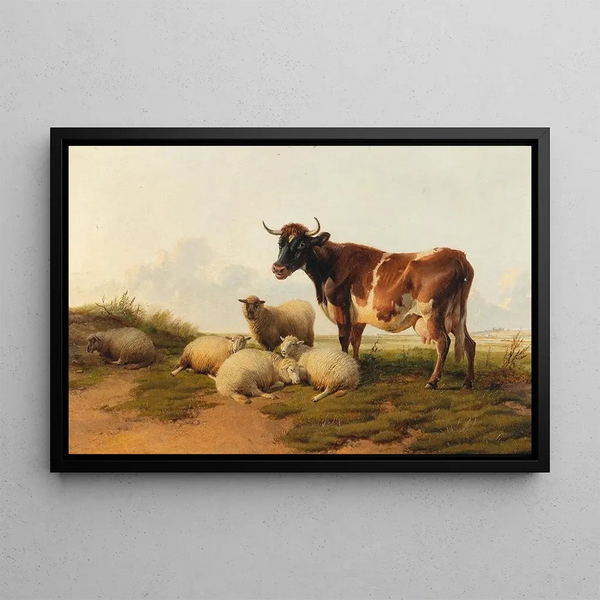 Pecore e mucche nel prato - Thomas Sidney Cooper — quadro incorniciato alla parete