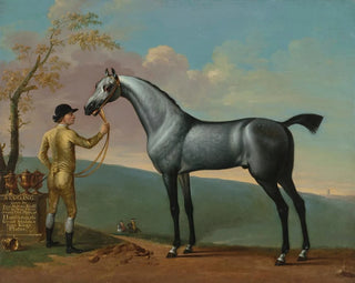 Thomas Spencer - Starling a Grey Racehorse by Bay Bolton Held by a Groom in a Landscape.webp