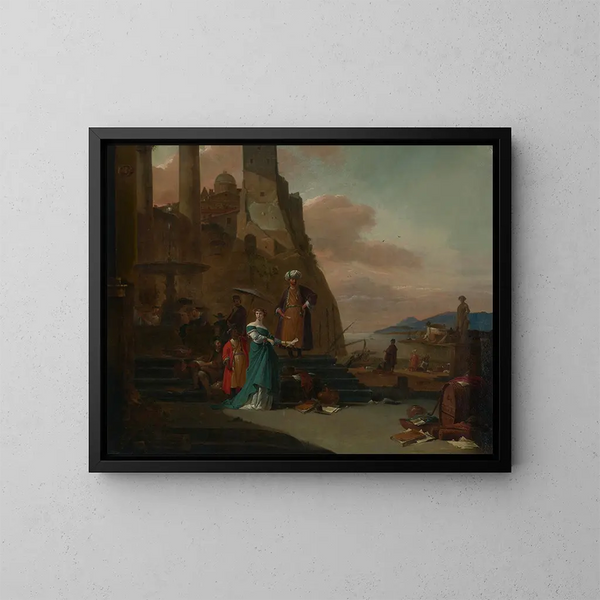 Figure eleganti tra cui un uomo in costume turco sul molo di un porto mediterraneo - Thomas Wijck — quadro incorniciato alla parete
