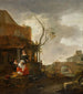 Personaggi all'esterno di una taverna con una donna che cuciono viaggiatori su un ponte oltre - Thomas Wijck — vista dell’opera