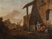 di Servantes che sollevano la biancheria e un'altra serva che vende mele in un cortile con un paesaggio collinare oltre - Thomas Wijck — vista dell’opera