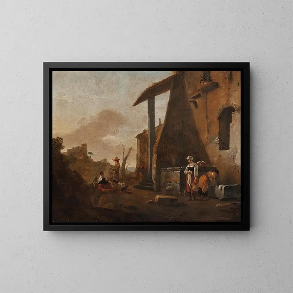 di Servantes che sollevano la biancheria e un'altra serva che vende mele in un cortile con un paesaggio collinare oltre - Thomas Wijck — quadro incorniciato alla parete