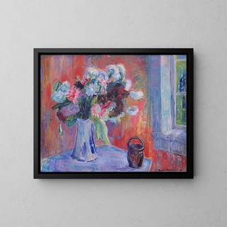 Vaso di fiori in un interno rosso - Thorvald Erichsen — quadro incorniciato alla parete