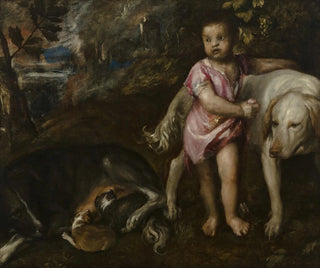 Ragazzo con cani in un paesaggio - Tiziano — vista dell’opera