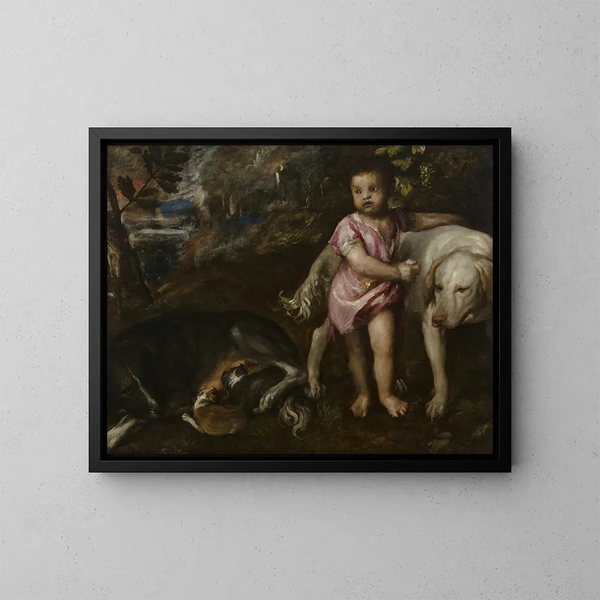 Ragazzo con cani in un paesaggio - Tiziano — quadro incorniciato alla parete