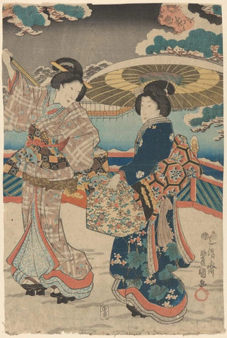 Toyokuni Utagawa - Snow Scene Two Women with Umbrellas and Bags.webp