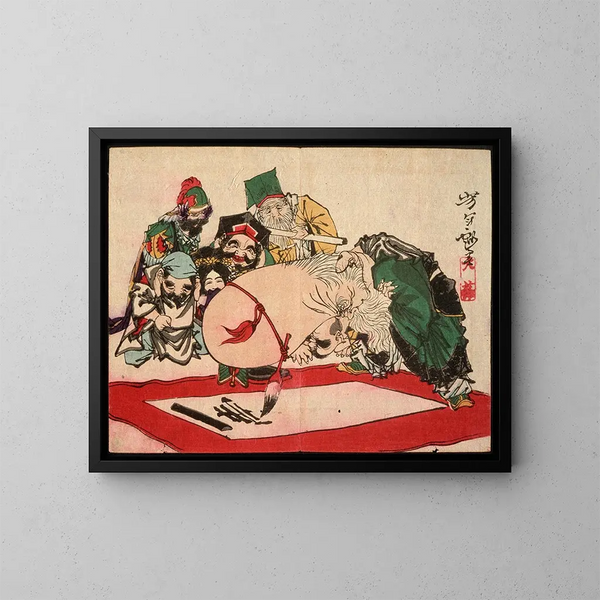Fukurokuju che scrive con la sua testa - Tsukioka Yoshitoshi — quadro incorniciato alla parete