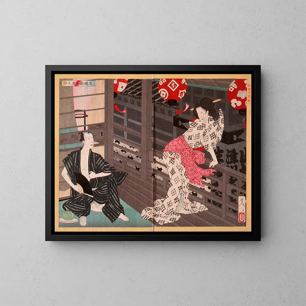 Dame Ejima e l'attore Ikushima Shingor - Tsukioka Yoshitoshi — quadro incorniciato alla parete