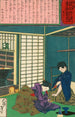 La geisha Umekichi implorant Nakajima Seibi de la quitter et de retourner à ses études - Tsukioka Yoshitoshi — vista dell’opera