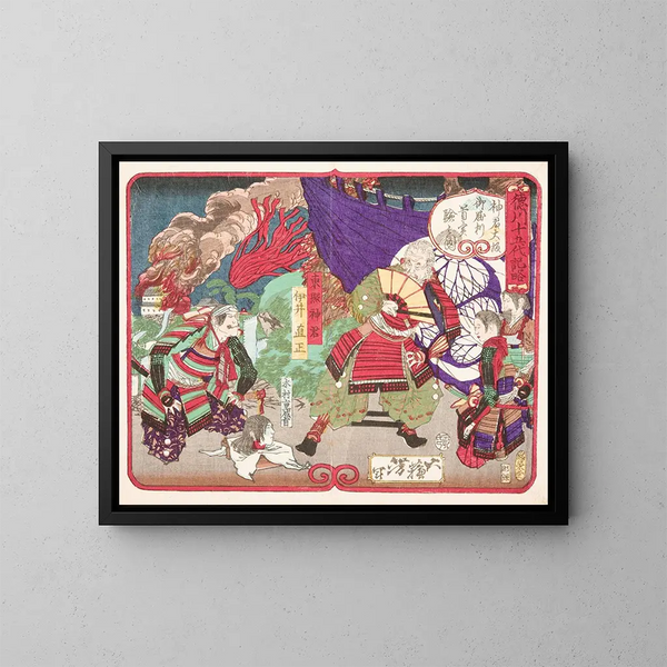 Tokugawa Ieyasu che esamina la testa di Kimura Shigenari alla battaglia del castello di Osaka - Tsukioka Yoshitoshi — quadro incorniciato alla parete