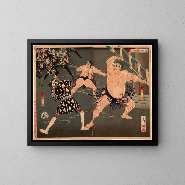 Duel tra Yotsuguruma Daihachi e Kotengu Heisuke durante la battaglia tra lottatori e pompieri nel santuario Shinmei - Tsukioka Yoshitoshi — quadro incorniciato alla parete