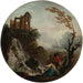 Una coppia che pesca ai piedi di una cascata con rovine sopra - Charles-François Grenier De Lacroix — ambientato in un interno