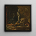 Un masque de crâne, une statuette d'épée et un livre sur une table dans l'atelier d'un artiste, huile sur cuivre - École française — quadro incorniciato alla parete