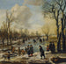 Un paesaggio invernale con villaggi che pattinano e giocano a kolf su un canale ghiacciato, un villaggio in lontananza - Aert van der Neer — vista dell’opera