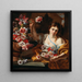 Una giovane donna che prende un fiore da un vaso - Abraham Brueghel — quadro incorniciato alla parete