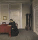 Una stanza nella casa dell'artista a Strandgade, Copenaghen, con la moglie dell'artista - Vilhelm Hammershøi — vista dell’opera