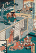 Acte II Wakasanosuke Observant Honzô Essuyer Son Épée après avoir Coupé une Branche de Pin Konami Recevant Rikiya avec Rafraîchissement - Utagawa Kunisada Toyokuni III — vista dell’opera