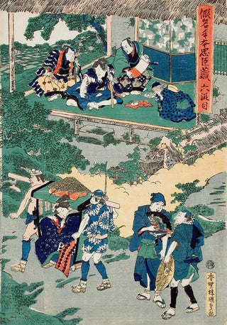 Utagawa Kunisada Toyokuni III - Act VI Kampei Signing the Roll of the FortySeven Rnin Okaru after Being Sold is Taken by Palanquin to Kyoto Brothel.webp