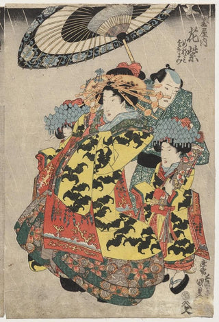 Utagawa Kunisada Toyokuni III - The Courtesans Hanamurasaki and Koshikibu of the Tamaya Promenading in the Rain.webp