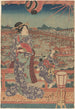 Femme et enfant en kimono violet surplombant des bateaux et un pont - Utagawa Kunisada Toyokuni III — vista dell’opera