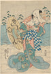 Scène de neige Figura femminile in abito fluido blu verde e rosa - Utagawa Kuniyoshi — vista dell’opera