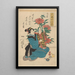 Femme en kimono bleu tenant un enfant regardant des pivoines - Utagawa Kuniyoshi — quadro incorniciato alla parete