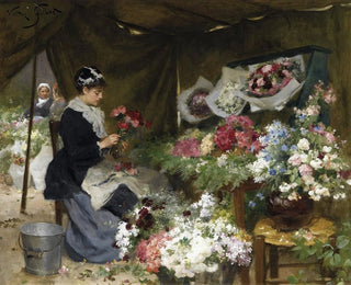 Una fiorista che prepara i suoi mazzi - Victor Gabriel Gilbert — vista dell’opera