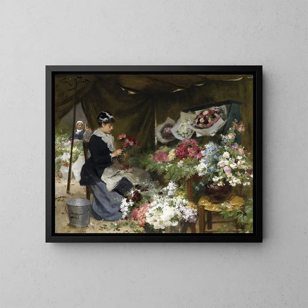 Una fiorista che prepara i suoi mazzi - Victor Gabriel Gilbert — quadro incorniciato alla parete