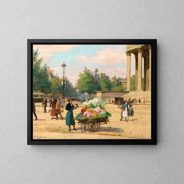 Venditrice di fiori davanti alla chiesa di La Madeleine a Parigi - Victor Gabriel Gilbert — quadro incorniciato alla parete