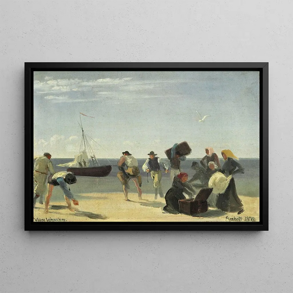 Viaggiatori di Anholt in viaggio dalla spiaggia verso una barca a vela in attesa - Viggo Johansen — quadro incorniciato alla parete
